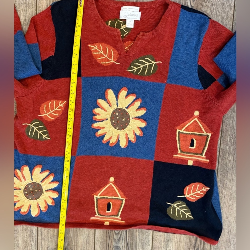 CJ Banks Hand Embroidered Colorblock Plus Size Sweater 2X Cottagecore Knit - Picture 9 of 11